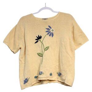 Vintage Knit Blouse Petite Large Butter Yellow Flower Butterfly Ramie 90s Retro